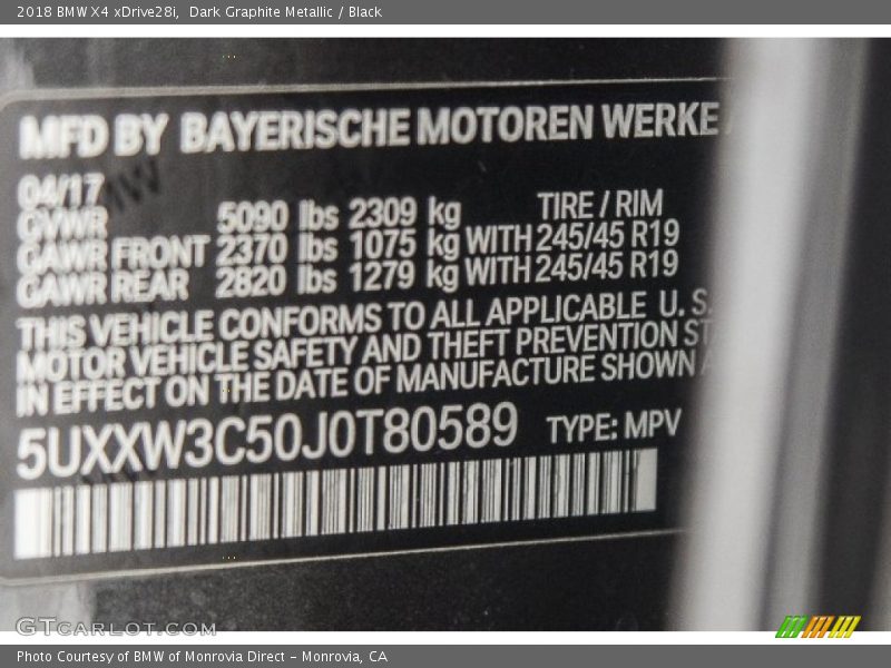 Dark Graphite Metallic / Black 2018 BMW X4 xDrive28i
