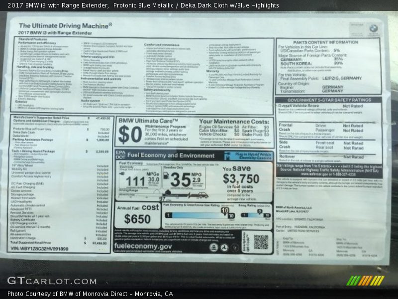  2017 i3 with Range Extender Window Sticker