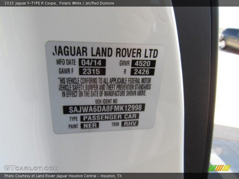 Polaris White / Jet/Red Duotone 2015 Jaguar F-TYPE R Coupe