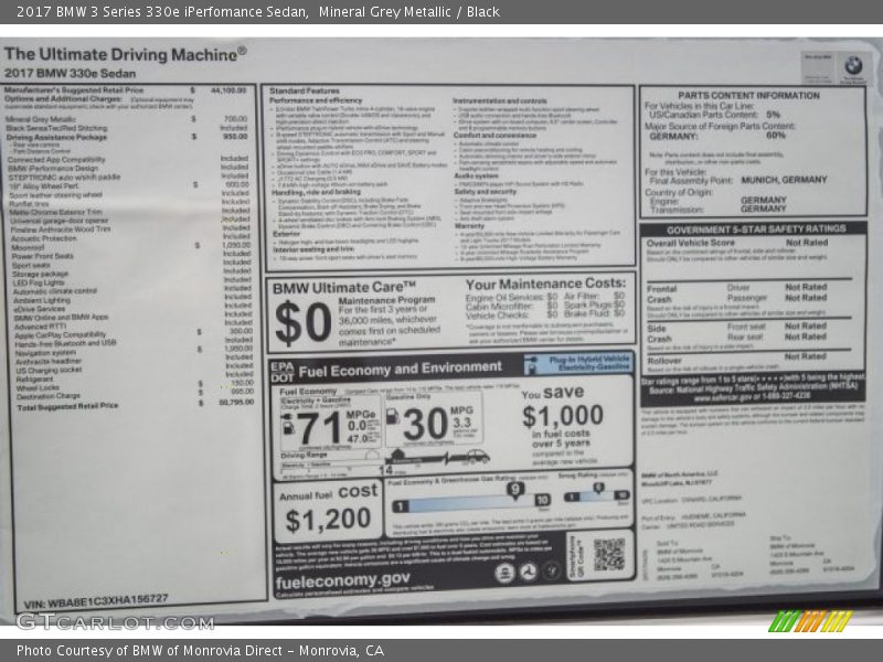Mineral Grey Metallic / Black 2017 BMW 3 Series 330e iPerfomance Sedan