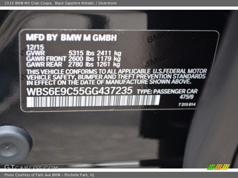 2016 M6 Gran Coupe Black Sapphire Metallic Color Code 475
