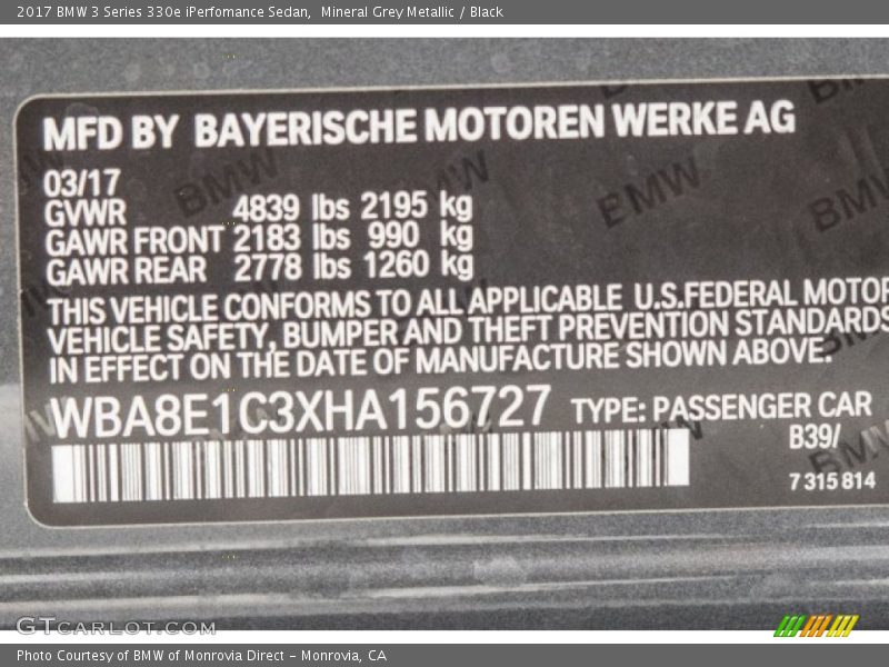 Mineral Grey Metallic / Black 2017 BMW 3 Series 330e iPerfomance Sedan