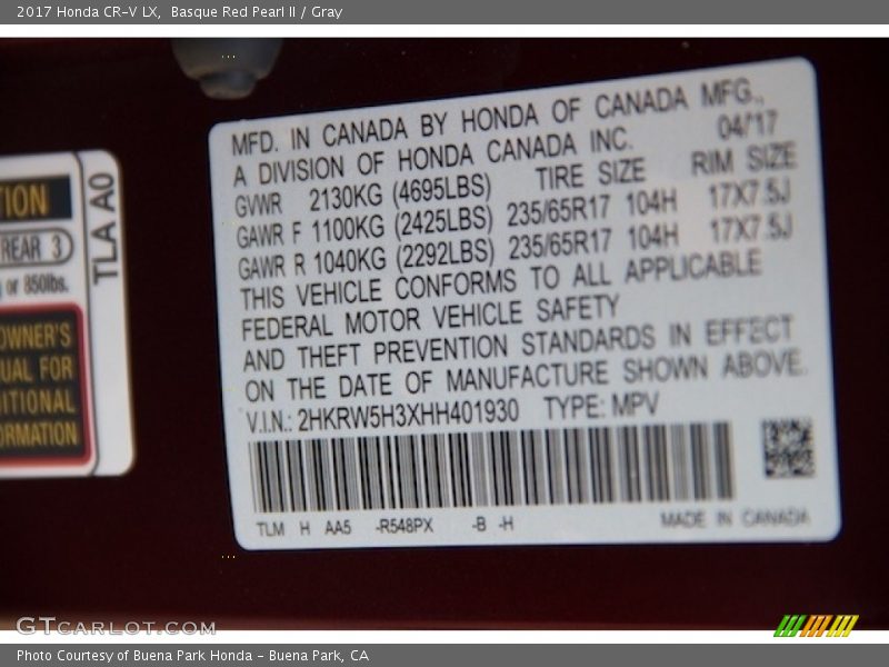 Basque Red Pearl II / Gray 2017 Honda CR-V LX
