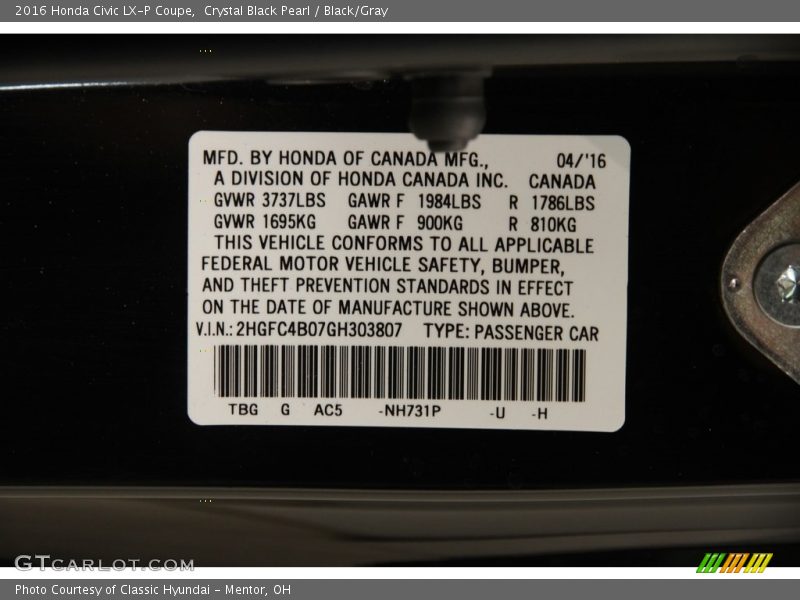 Crystal Black Pearl / Black/Gray 2016 Honda Civic LX-P Coupe