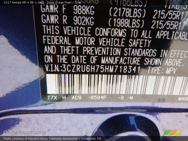 Deep Ocean Pearl / Gray 2017 Honda HR-V EX-L AWD