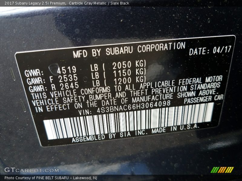 Carbide Gray Metallic / Slate Black 2017 Subaru Legacy 2.5i Premium