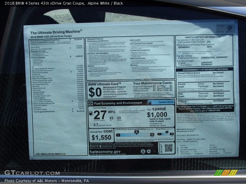  2018 4 Series 430i xDrive Gran Coupe Window Sticker