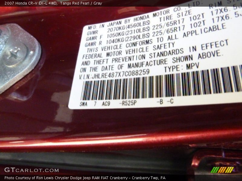 Tango Red Pearl / Gray 2007 Honda CR-V EX-L 4WD