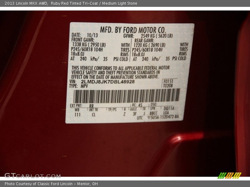Ruby Red Tinted Tri-Coat / Medium Light Stone 2013 Lincoln MKX AWD