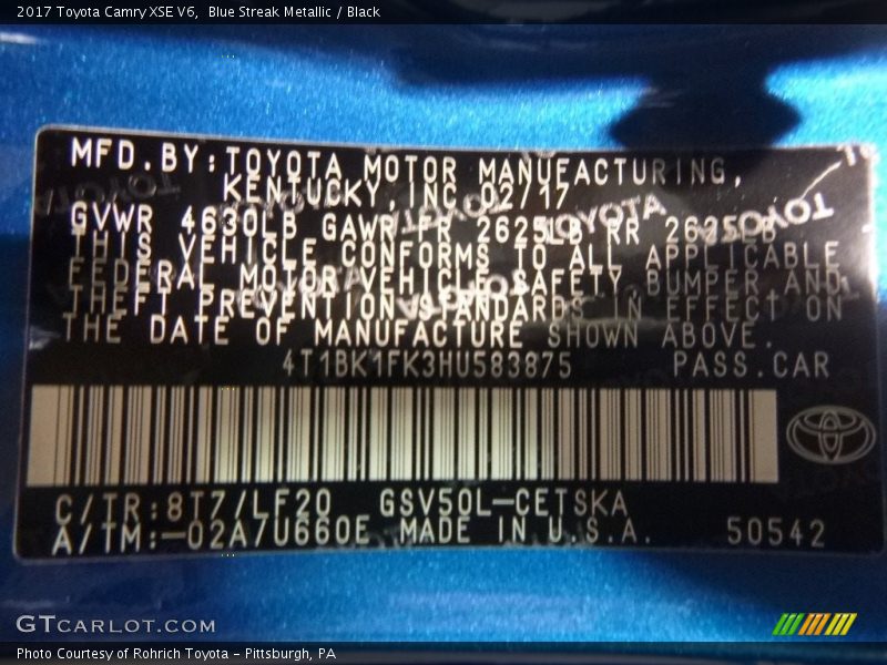 Blue Streak Metallic / Black 2017 Toyota Camry XSE V6