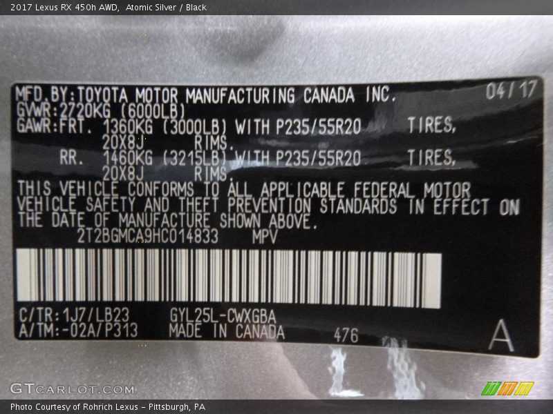 Atomic Silver / Black 2017 Lexus RX 450h AWD