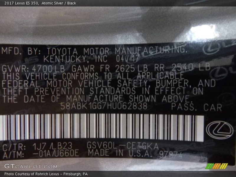 Atomic Silver / Black 2017 Lexus ES 350