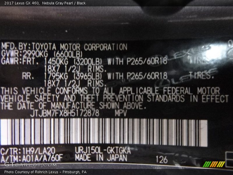 Nebula Gray Pearl / Black 2017 Lexus GX 460