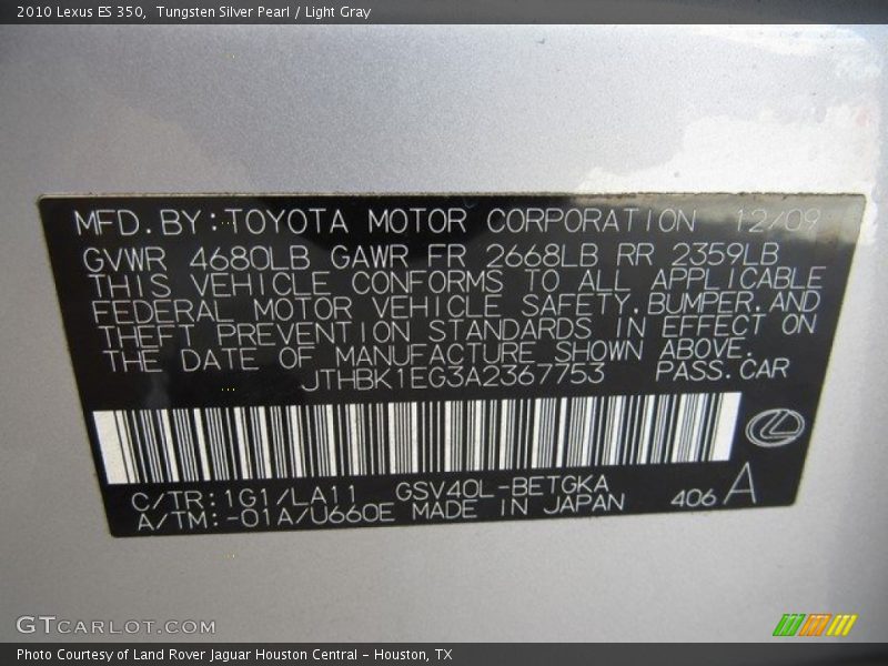 Tungsten Silver Pearl / Light Gray 2010 Lexus ES 350