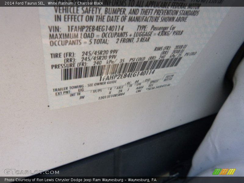 White Platinum / Charcoal Black 2014 Ford Taurus SEL