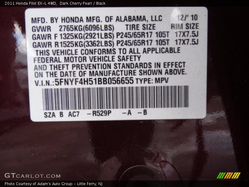 Dark Cherry Pearl / Black 2011 Honda Pilot EX-L 4WD