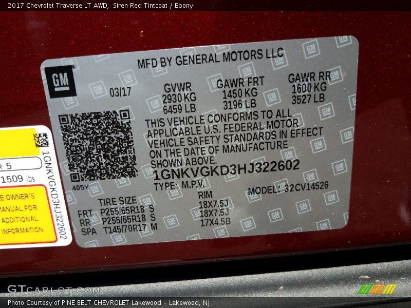 Siren Red Tintcoat / Ebony 2017 Chevrolet Traverse LT AWD
