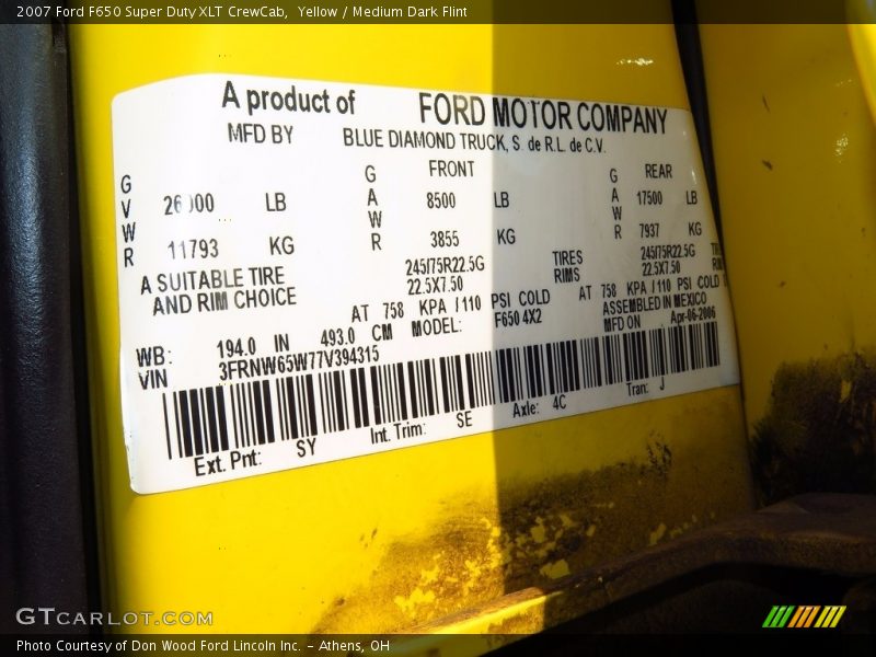 Yellow / Medium Dark Flint 2007 Ford F650 Super Duty XLT CrewCab