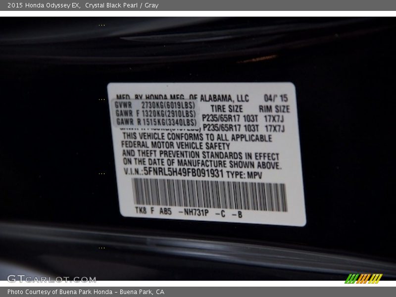 Crystal Black Pearl / Gray 2015 Honda Odyssey EX