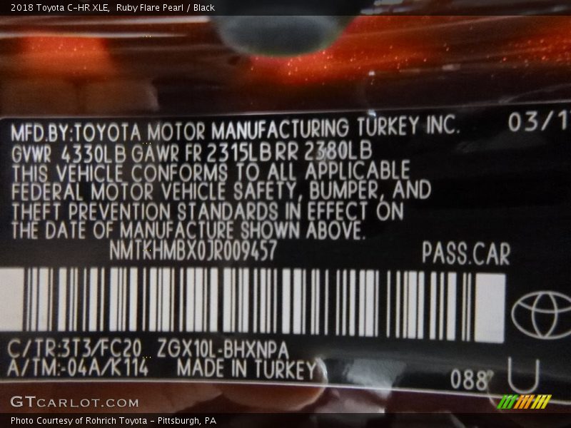 2018 C-HR XLE Ruby Flare Pearl Color Code 3T3