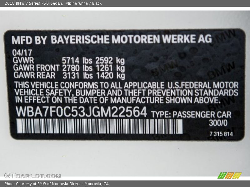 2018 7 Series 750i Sedan Alpine White Color Code 300