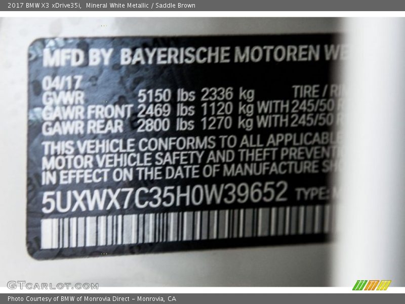 Mineral White Metallic / Saddle Brown 2017 BMW X3 xDrive35i