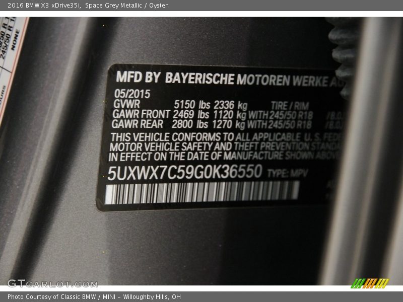 Space Grey Metallic / Oyster 2016 BMW X3 xDrive35i