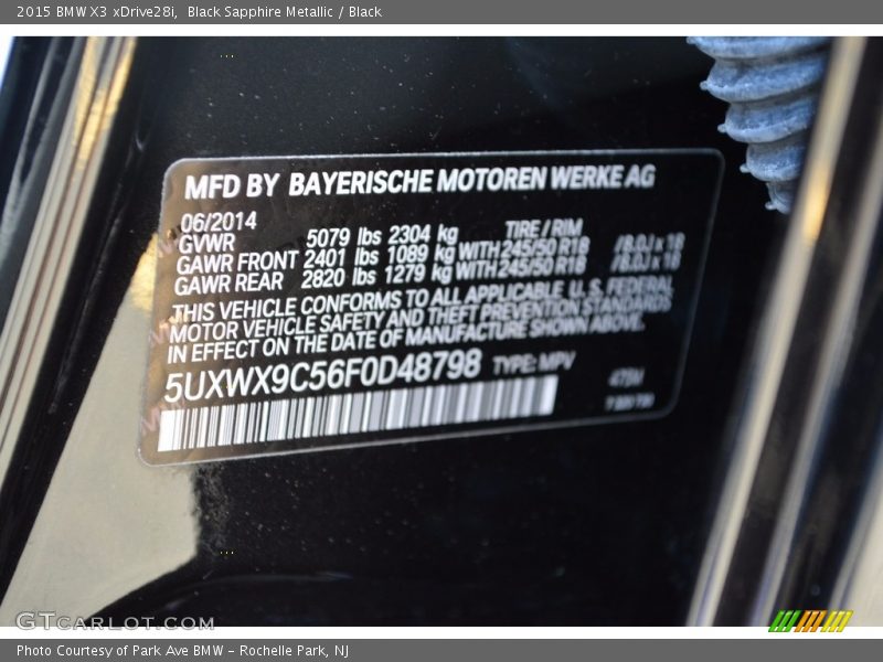 Black Sapphire Metallic / Black 2015 BMW X3 xDrive28i