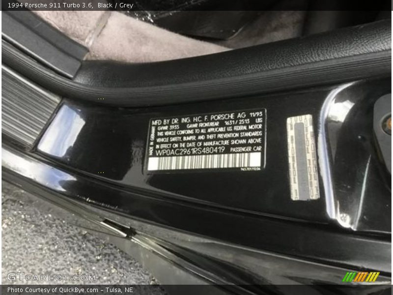 Info Tag of 1994 911 Turbo 3.6