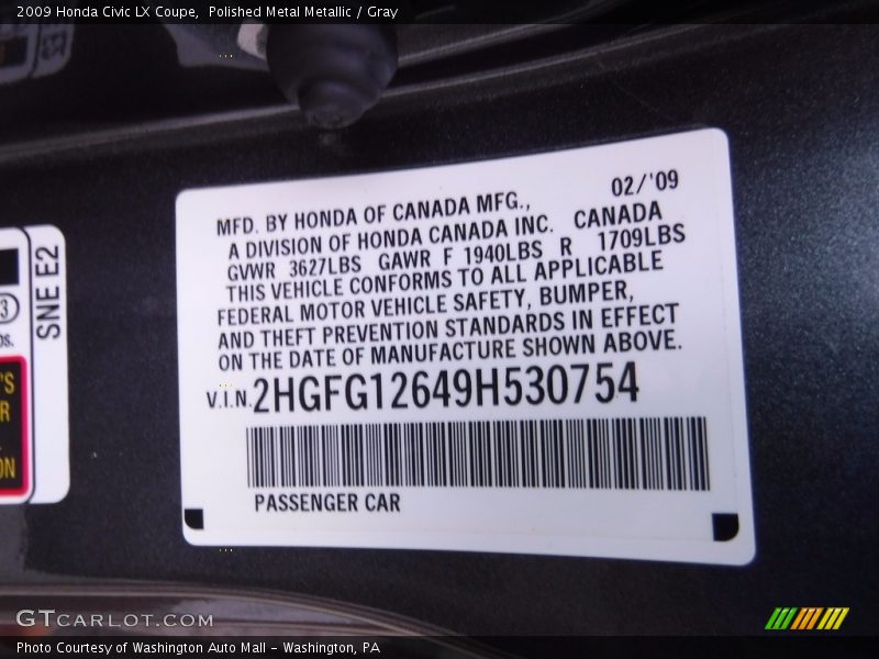 Polished Metal Metallic / Gray 2009 Honda Civic LX Coupe