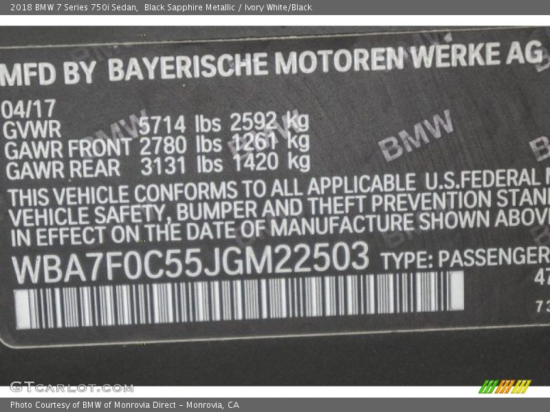 Black Sapphire Metallic / Ivory White/Black 2018 BMW 7 Series 750i Sedan