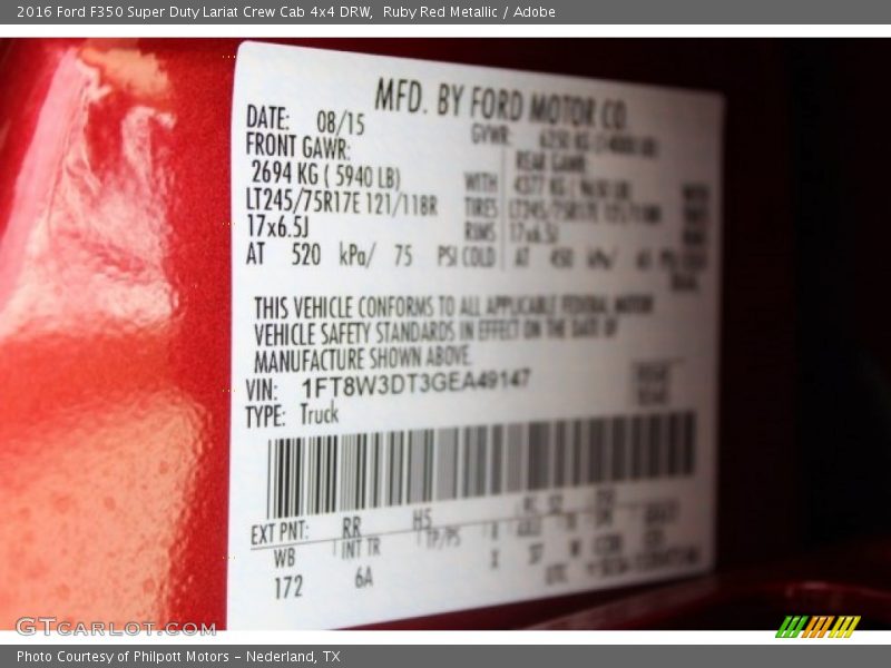 Ruby Red Metallic / Adobe 2016 Ford F350 Super Duty Lariat Crew Cab 4x4 DRW