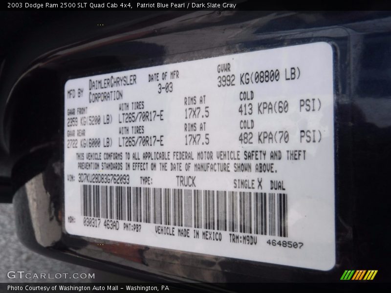 Patriot Blue Pearl / Dark Slate Gray 2003 Dodge Ram 2500 SLT Quad Cab 4x4