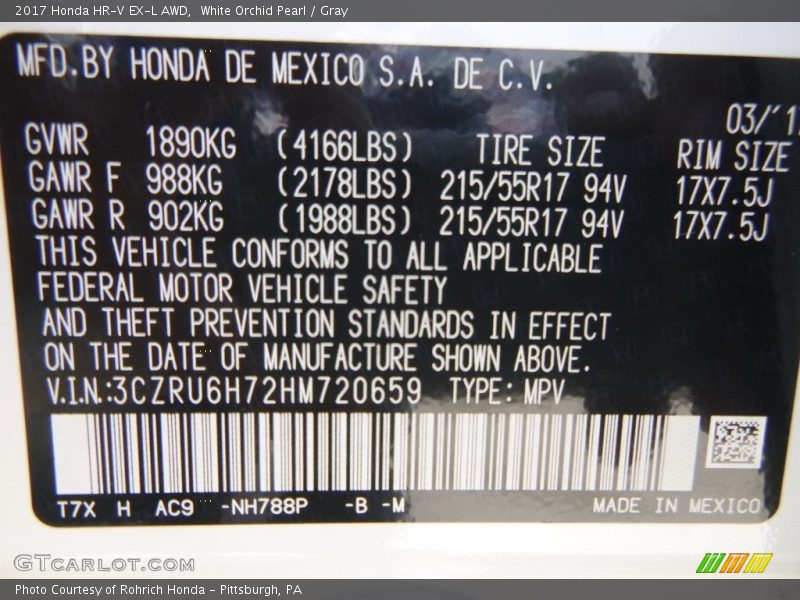 White Orchid Pearl / Gray 2017 Honda HR-V EX-L AWD