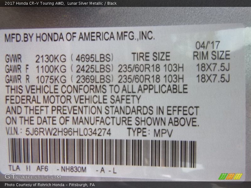 Lunar Silver Metallic / Black 2017 Honda CR-V Touring AWD