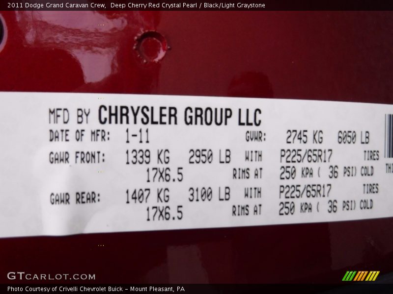 Deep Cherry Red Crystal Pearl / Black/Light Graystone 2011 Dodge Grand Caravan Crew