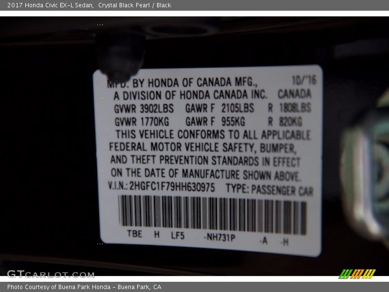 Crystal Black Pearl / Black 2017 Honda Civic EX-L Sedan