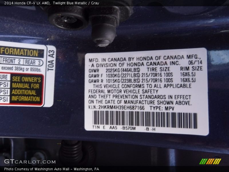 Twilight Blue Metallic / Gray 2014 Honda CR-V LX AWD