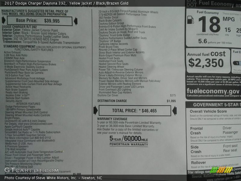 Yellow Jacket / Black/Brazen Gold 2017 Dodge Charger Daytona 392