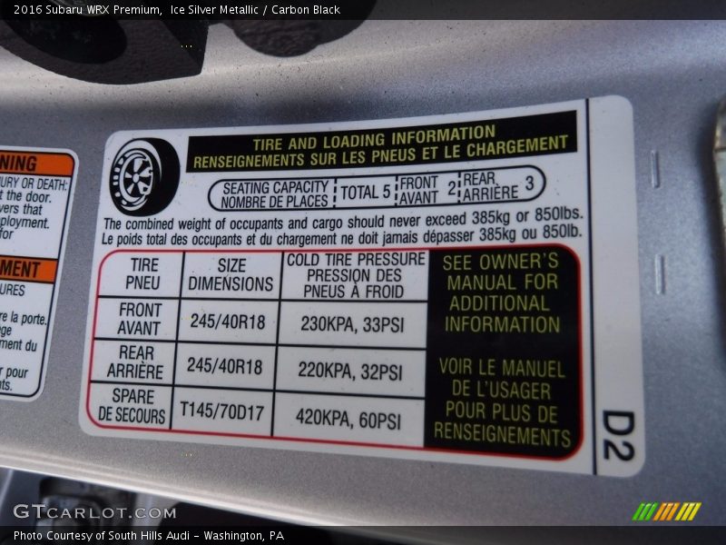 Ice Silver Metallic / Carbon Black 2016 Subaru WRX Premium