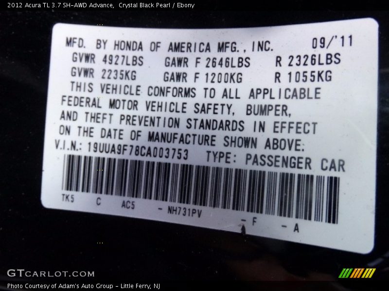 Crystal Black Pearl / Ebony 2012 Acura TL 3.7 SH-AWD Advance