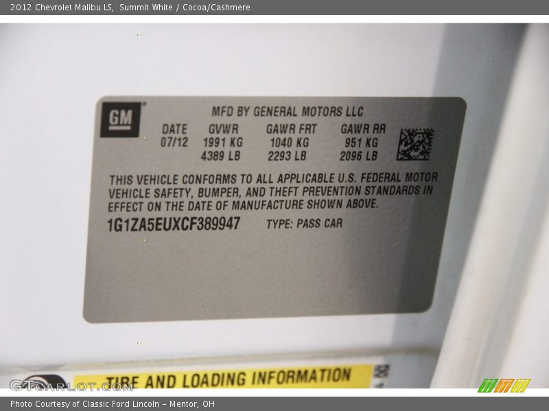Summit White / Cocoa/Cashmere 2012 Chevrolet Malibu LS