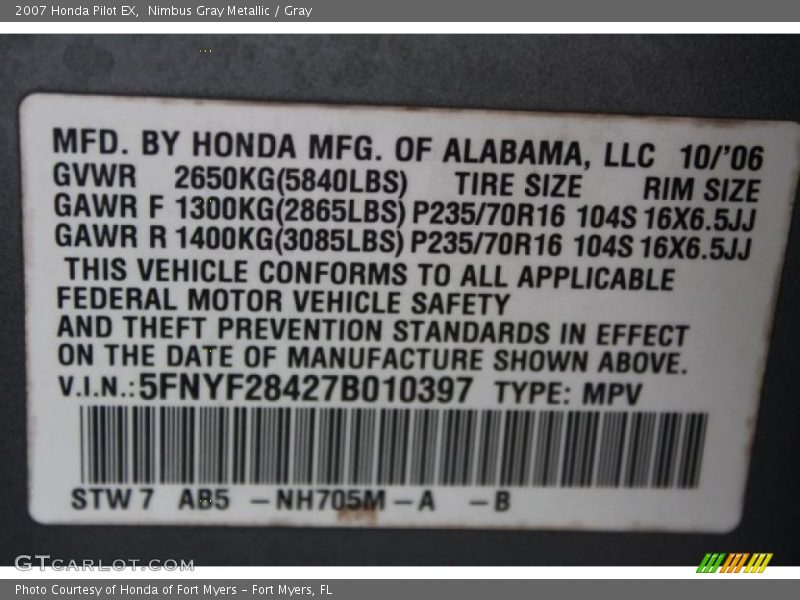 Nimbus Gray Metallic / Gray 2007 Honda Pilot EX