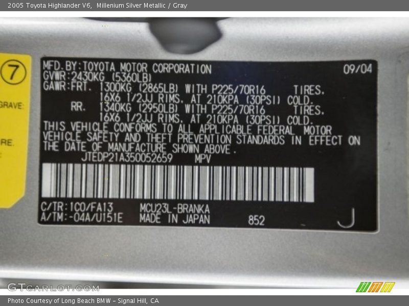 Millenium Silver Metallic / Gray 2005 Toyota Highlander V6