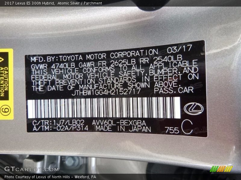 2017 ES 300h Hybrid Atomic Silver Color Code 1J7