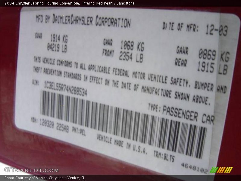 Inferno Red Pearl / Sandstone 2004 Chrysler Sebring Touring Convertible