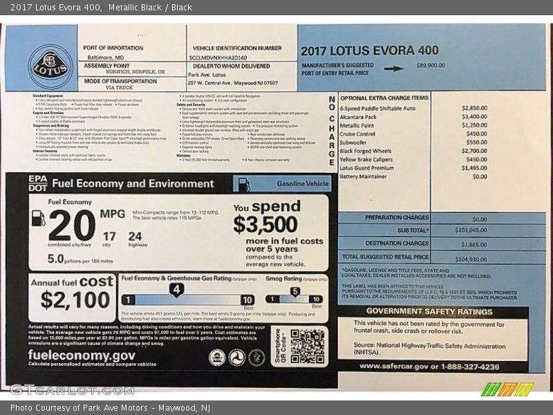  2017 Evora 400 Window Sticker