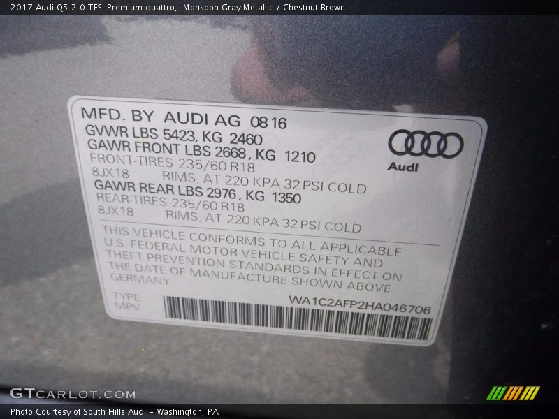 Monsoon Gray Metallic / Chestnut Brown 2017 Audi Q5 2.0 TFSI Premium quattro