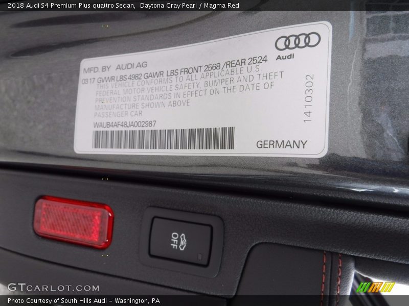 Daytona Gray Pearl / Magma Red 2018 Audi S4 Premium Plus quattro Sedan