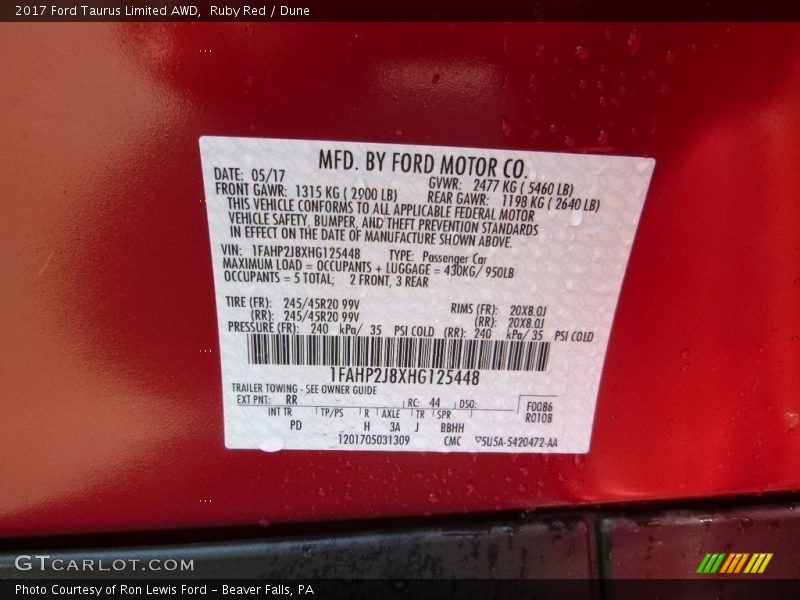 Ruby Red / Dune 2017 Ford Taurus Limited AWD